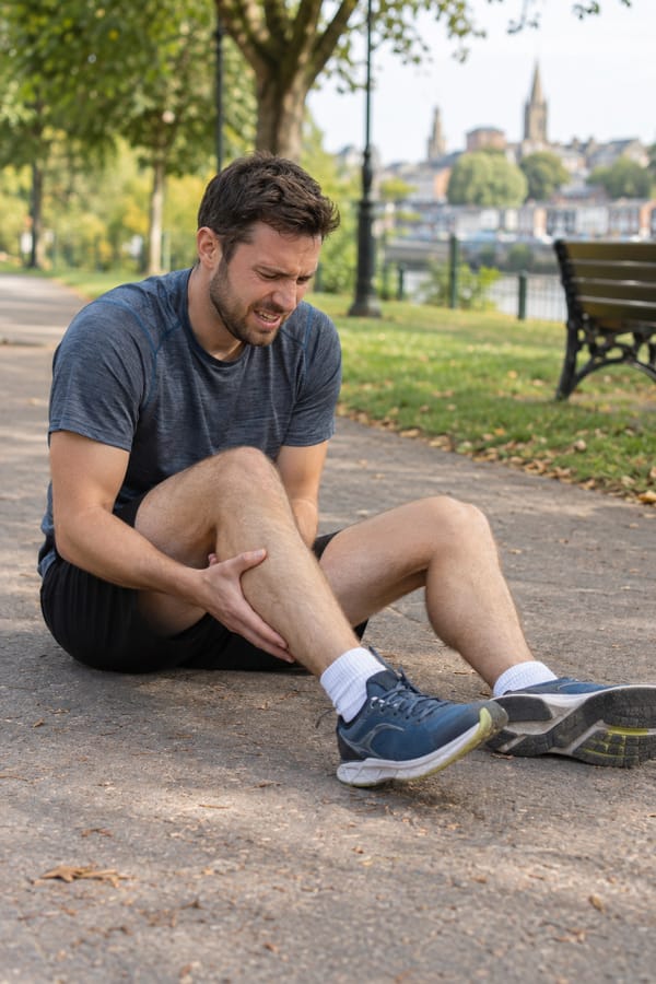 Runner holding his calf with a muscle cramp