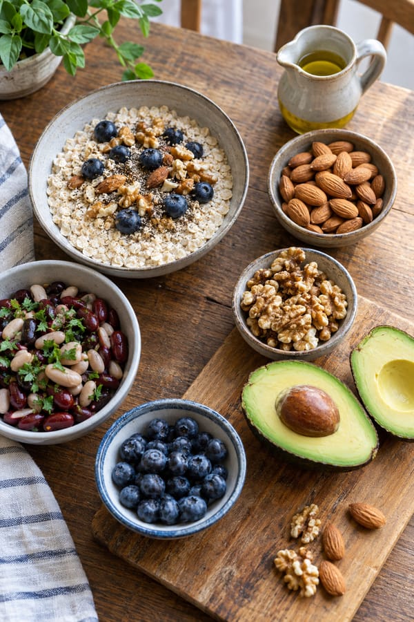 Foods that help lower cholesterol: oats, nuts, avocado, berries, beans and olive oil