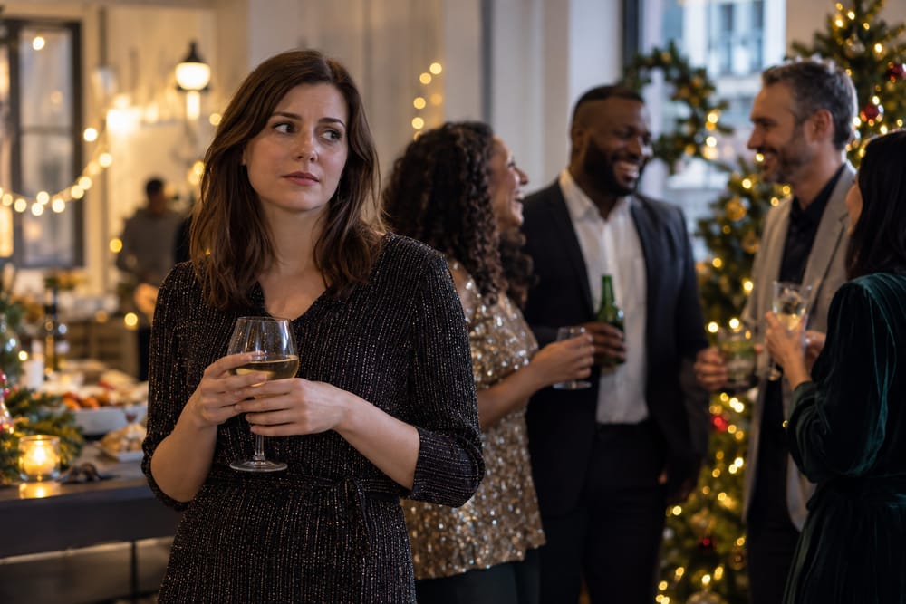 Woman feeling uneasy at a work Christmas party