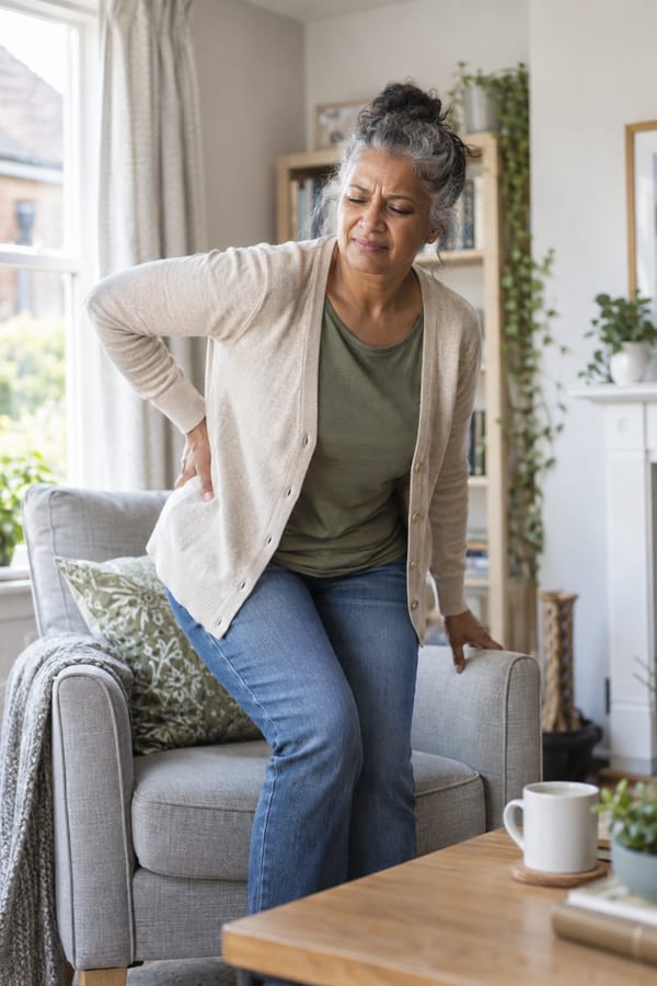 Woman with hip pain getting up from a chair