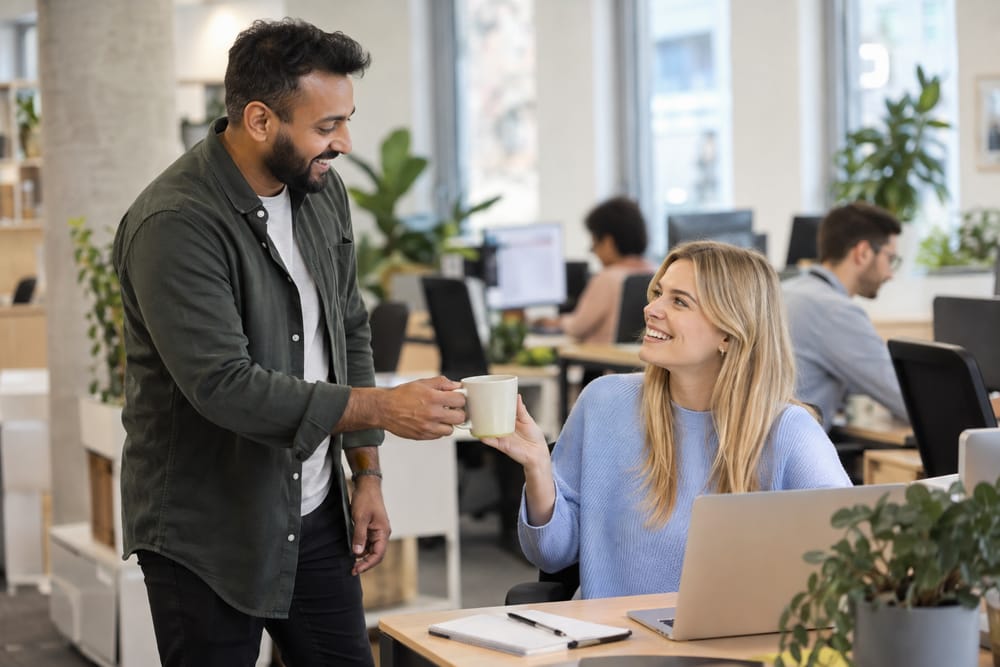 A colleague handing another a cup of coffee with a smile