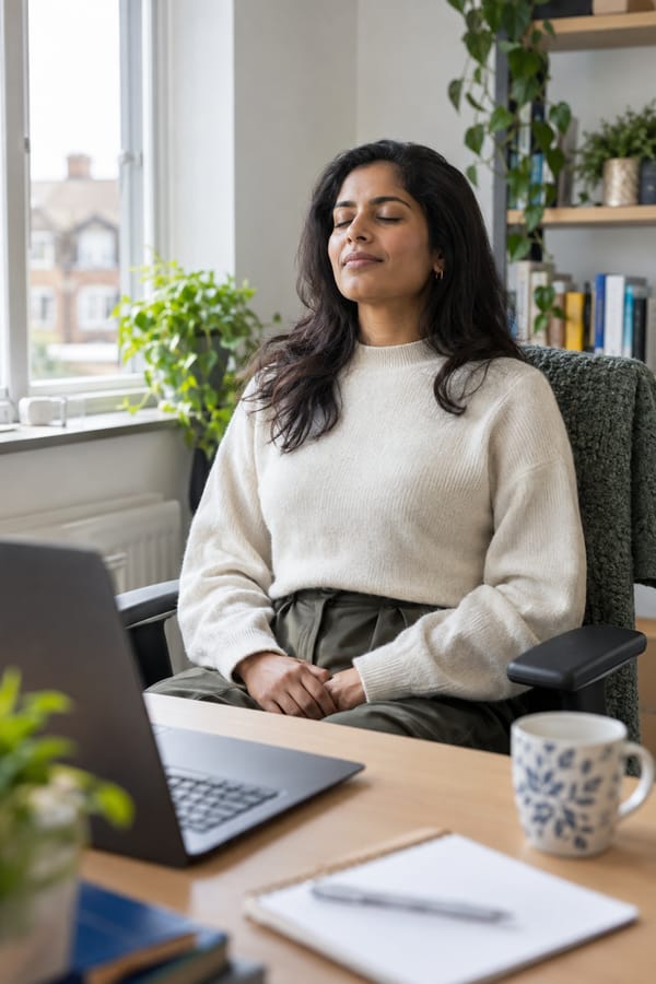 Office worker taking a mindful pause at her desk