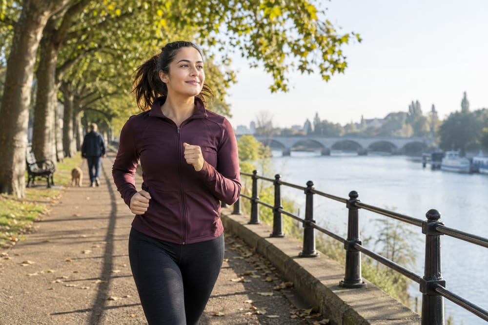 Woman jogging along a tree-lined riverside path