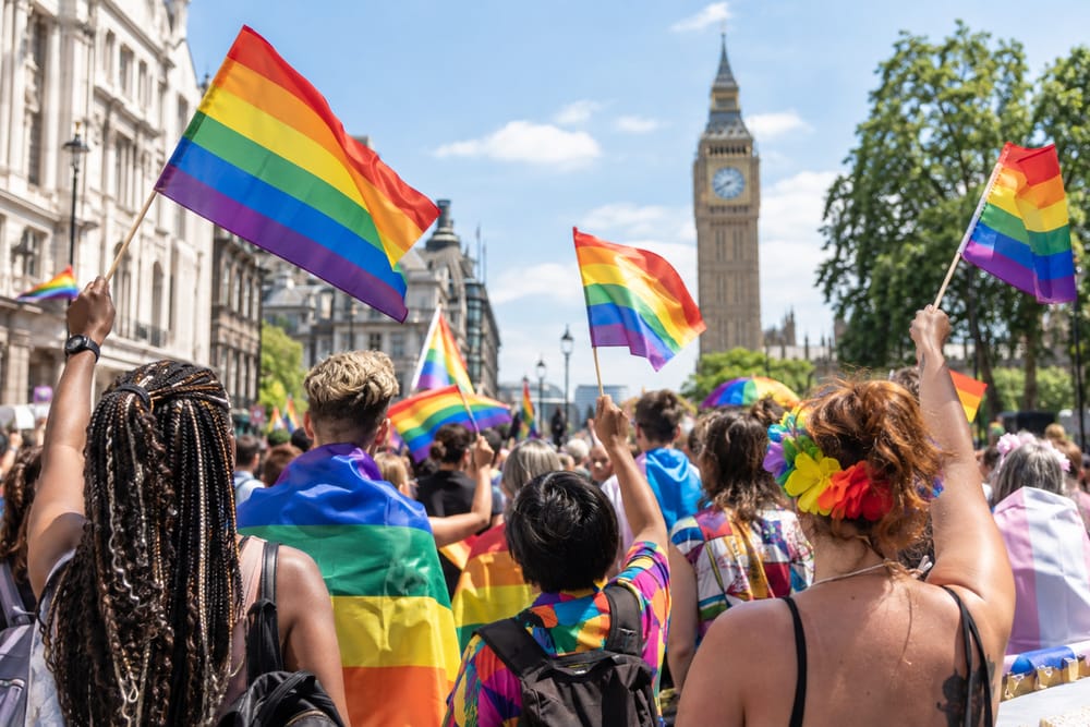 Rainbow flags held high at a Pride march
