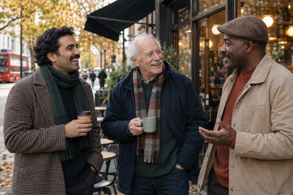 Three men with moustaches chatting outside a café during Movember