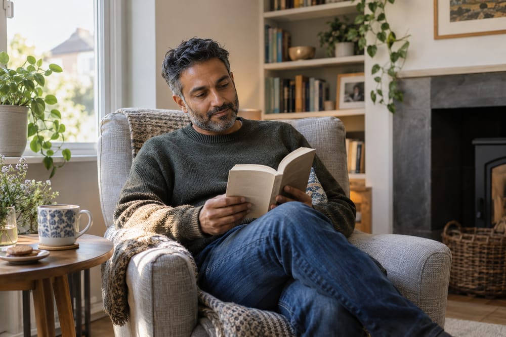 Man relaxing in an armchair with a book and a cup of tea