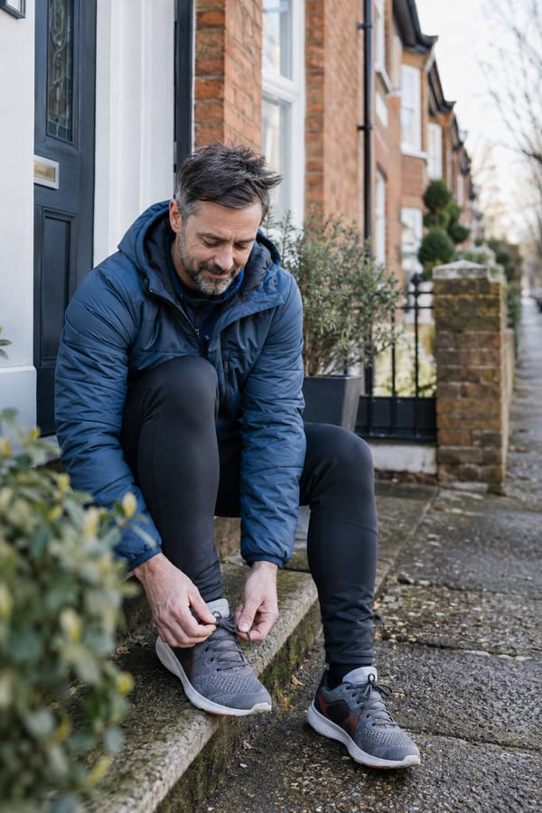 Man tying his trainers on a winter morning, ready to exercise
