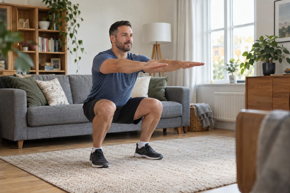 Man doing a squat exercise in his living room