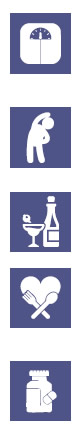 Icons for the lifestyle risk factors: weight, activity, alcohol, diet and smoking