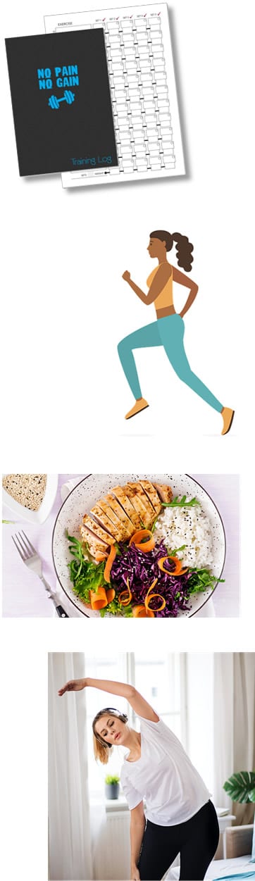 A calendar, a runner, a healthy meal and a woman stretching at home